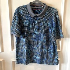 ROBERT GRAHAM Polo Shirt Mens Large Blue Floral Knit Classic Fit All Over Print